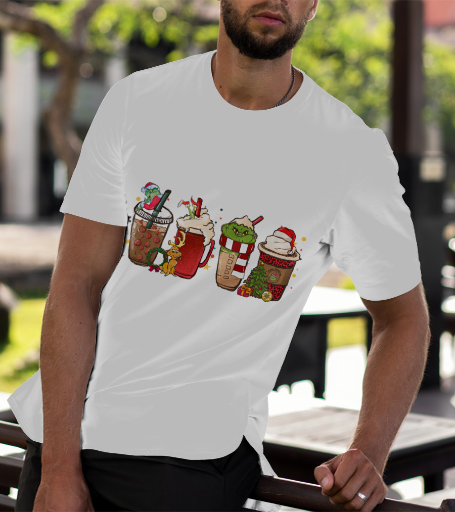 Grinch Christmas Coffee Drinks With Santa Hats And Holiday Decorations T-Shirt