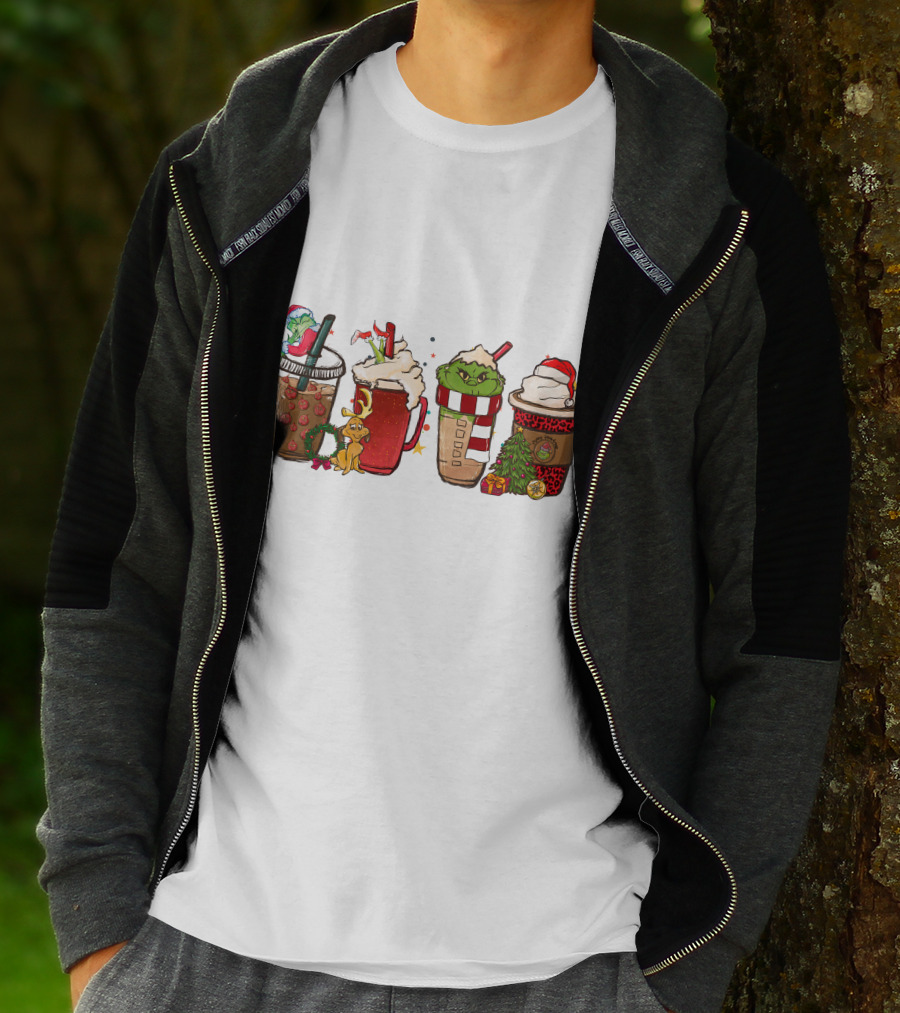 Grinch Christmas Coffee Drinks With Santa Hats And Holiday Decorations T-Shirt