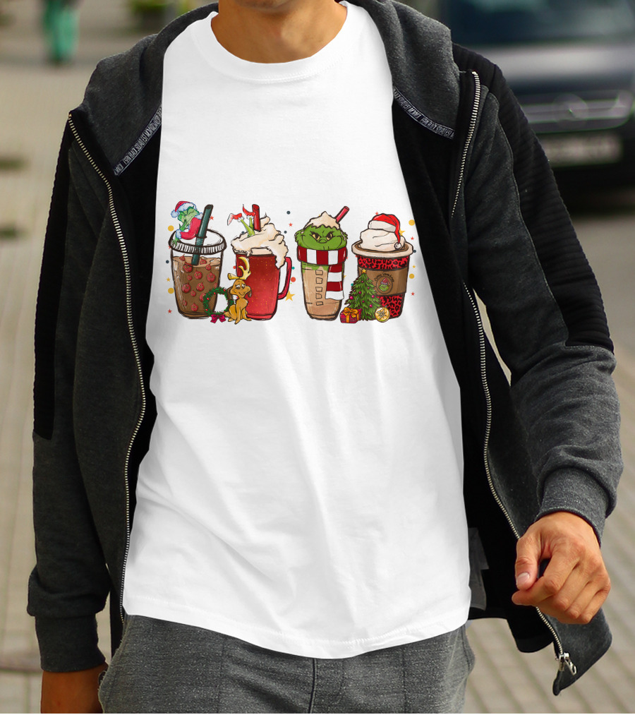 Grinch Christmas Coffee Drinks With Santa Hats And Holiday Decorations T-Shirt