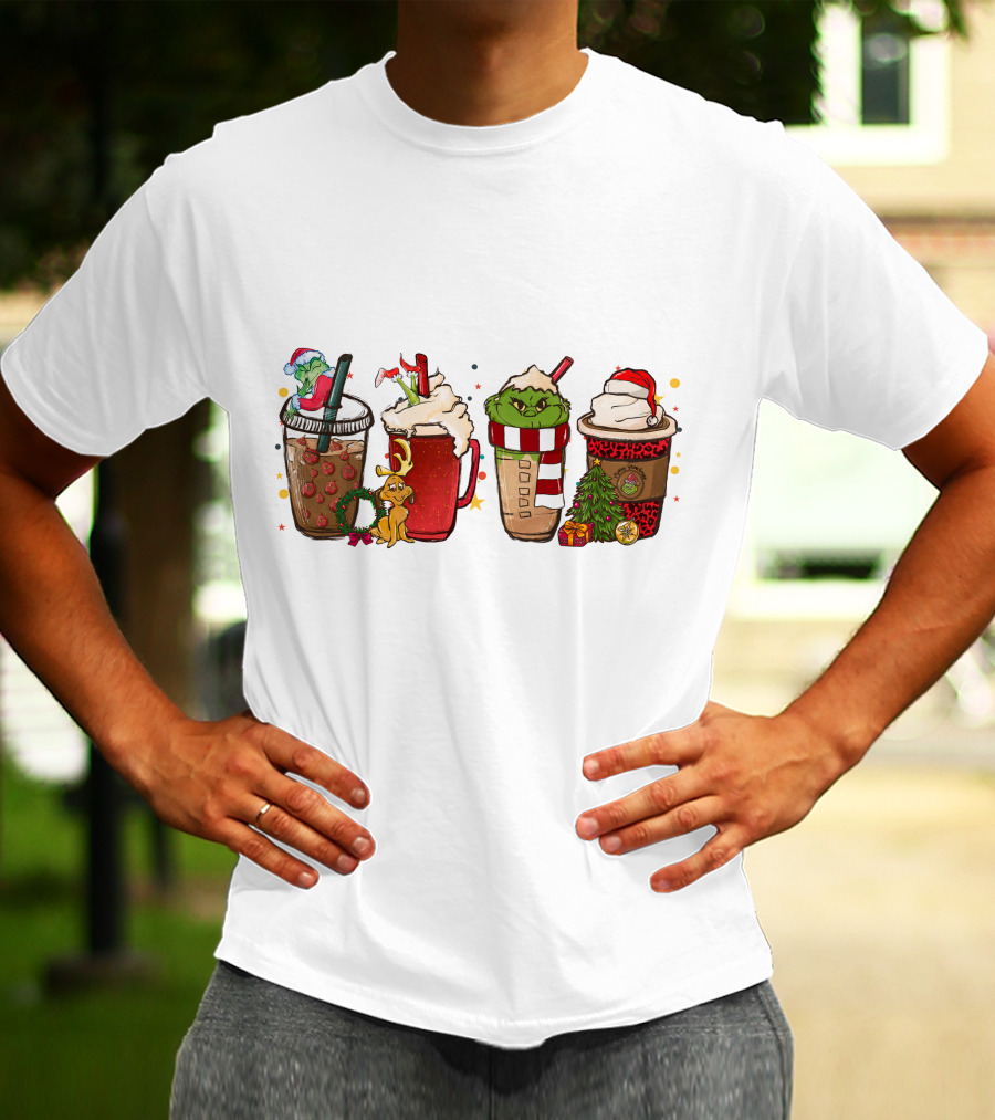 Grinch Christmas Coffee Drinks With Santa Hats And Holiday Decorations T-Shirt