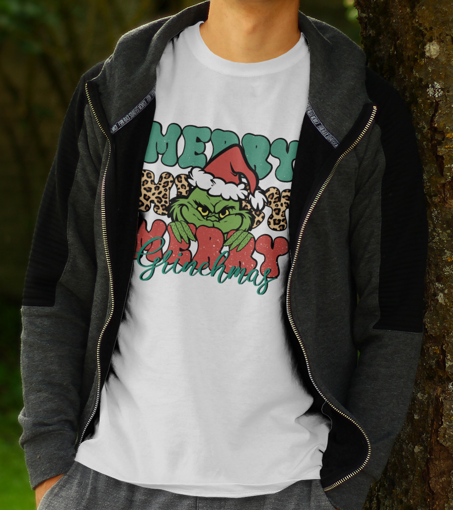 Merry Grinchmas Merry Merry Merry Grinch Christmas Santa Hat Green Face Leopard Print T-Shirt