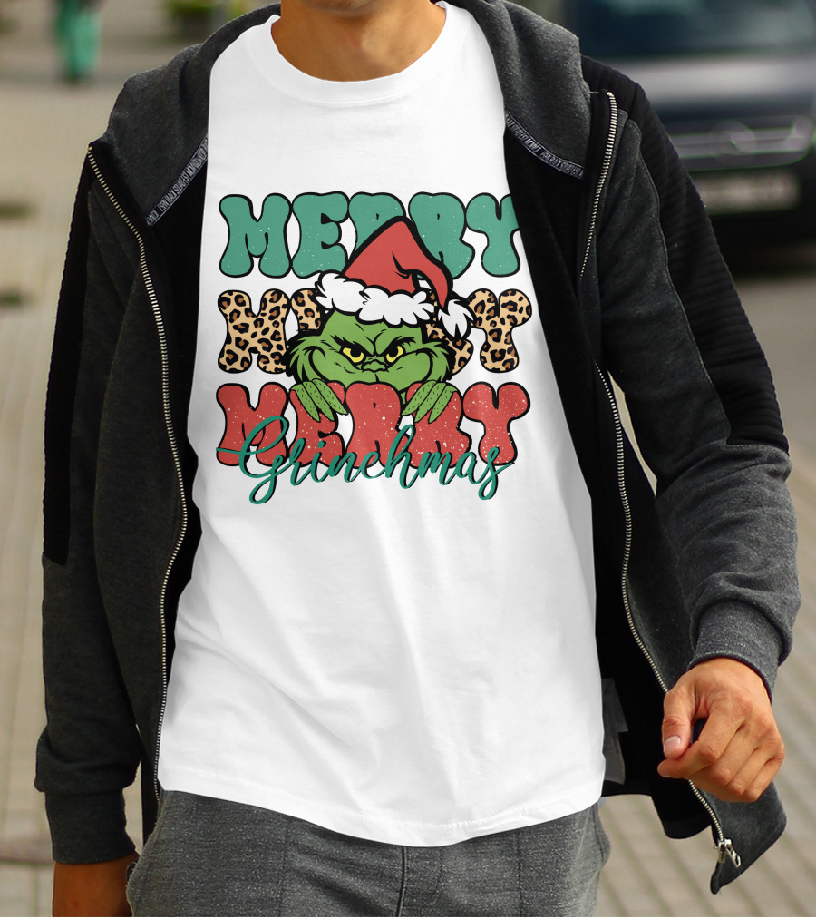 Merry Grinchmas Merry Merry Merry Grinch Christmas Santa Hat Green Face Leopard Print T-Shirt