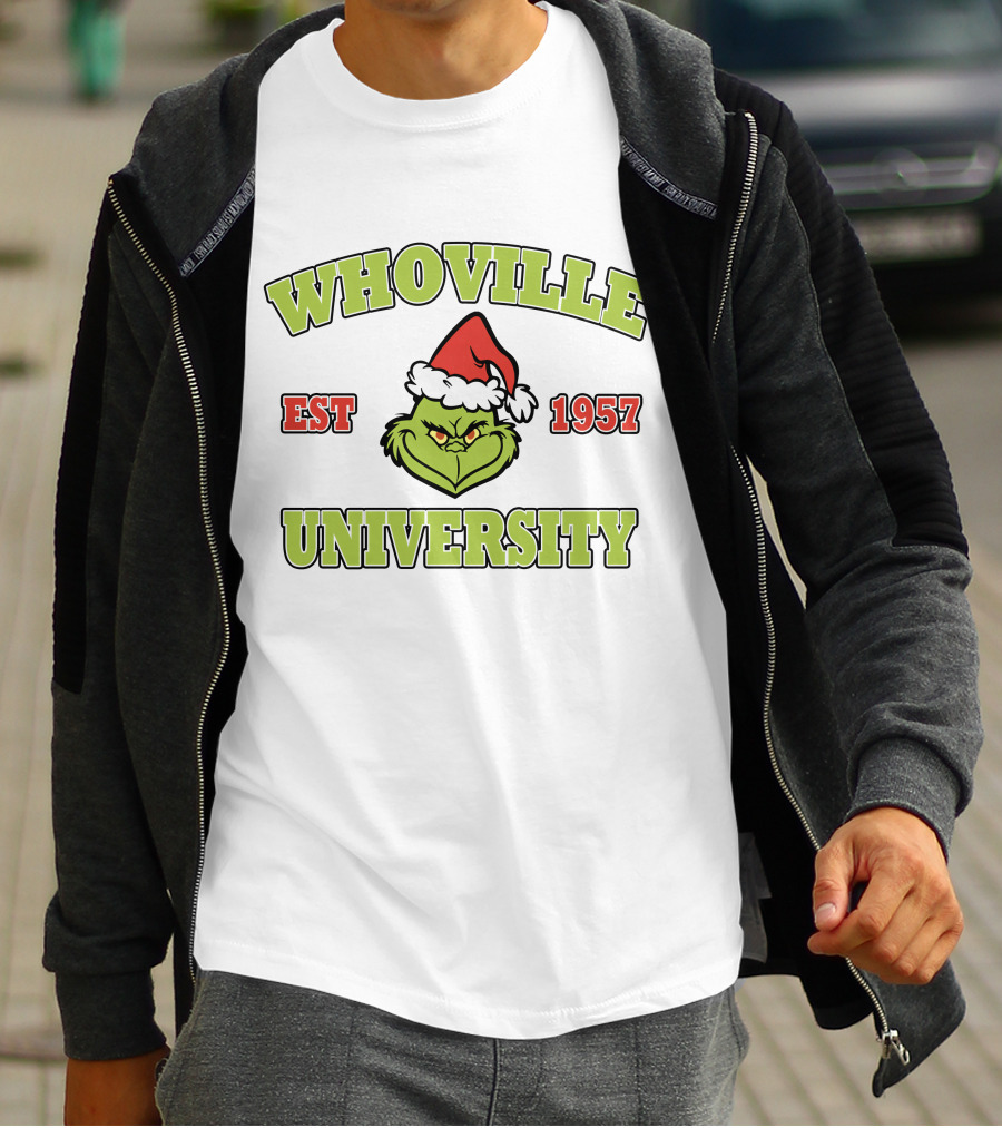 Whoville University Est 1957 Grinch Santa Hat T-Shirt