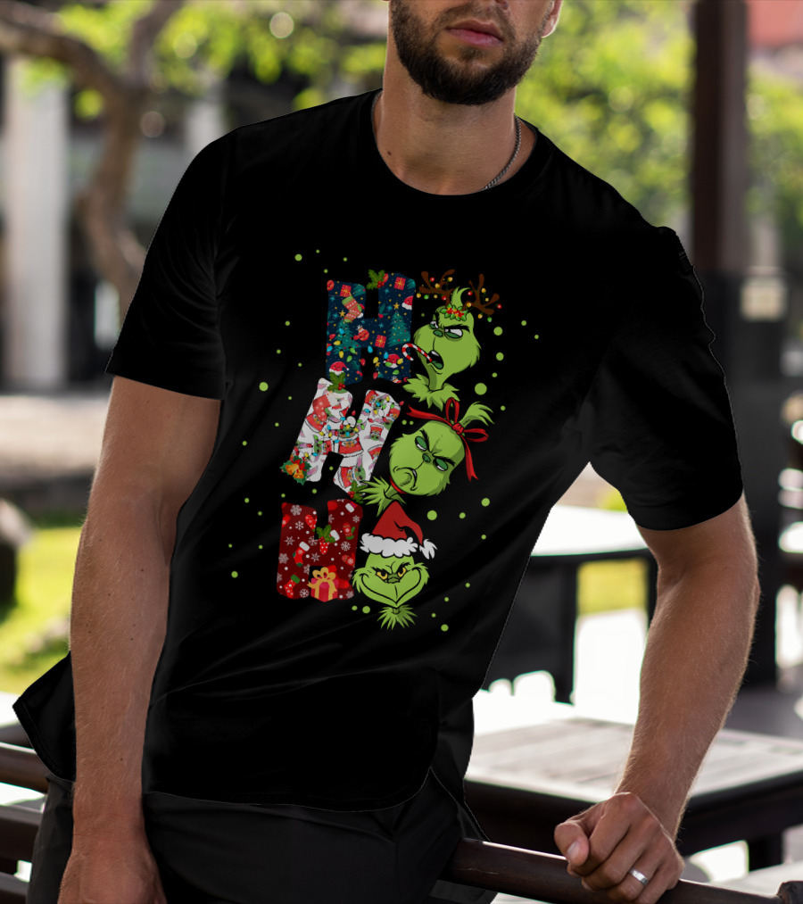 Grinch Ho Ho Ho Christmas Characters With Antlers And Santa Hat T-Shirt
