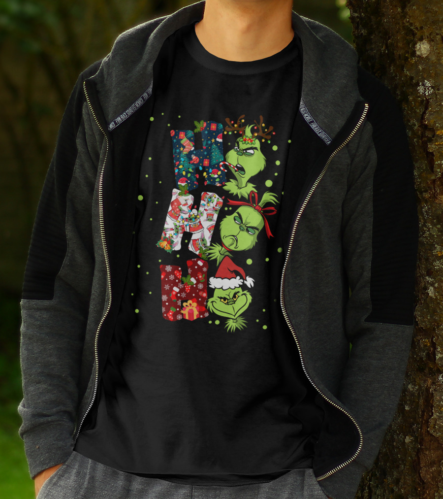 Grinch Ho Ho Ho Christmas Characters With Antlers And Santa Hat T-Shirt