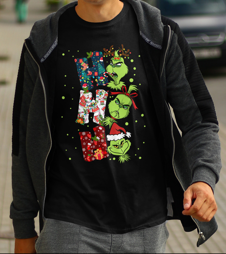 Grinch Ho Ho Ho Christmas Characters With Antlers And Santa Hat T-Shirt