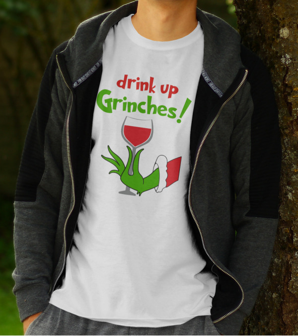 Drink Up Grinches Christmas Wine Glass Green Hand Santa Sleeve T-Shirt