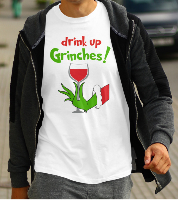 Drink Up Grinches Christmas Wine Glass Green Hand Santa Sleeve T-Shirt