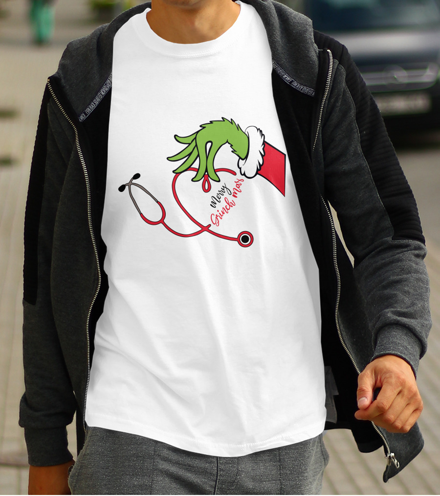 Merry Grinchmas Nurse Stethoscope Christmas Grinch Hand T-Shirt