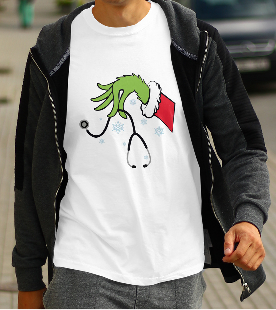 Grinch Nurse Christmas Doctor Stethoscope Hand Snowflakes T-Shirt