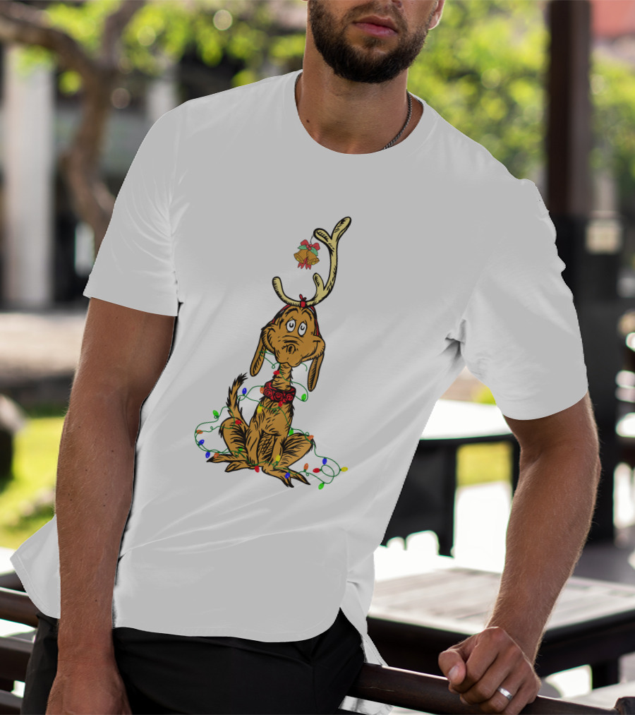 Grinch Max With Christmas Lights And Antlers T-Shirt