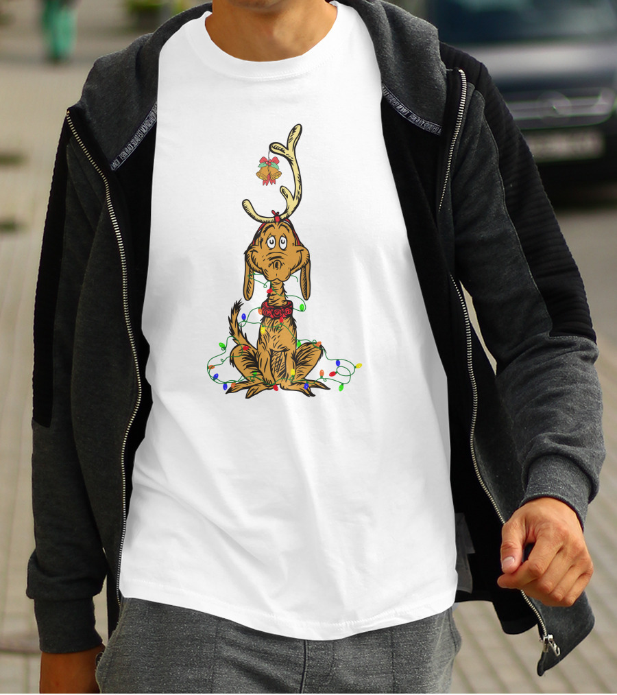 Grinch Max With Christmas Lights And Antlers T-Shirt