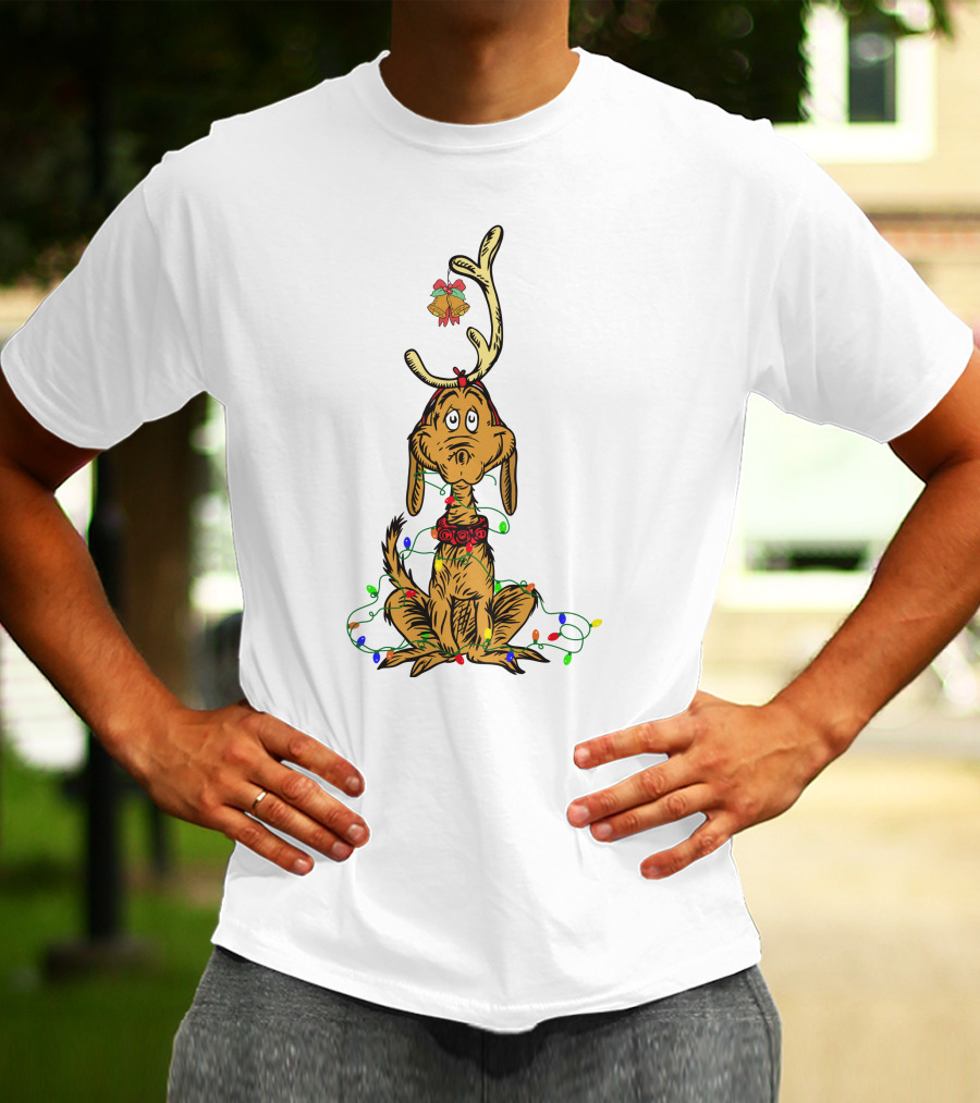 Grinch Max With Christmas Lights And Antlers T-Shirt