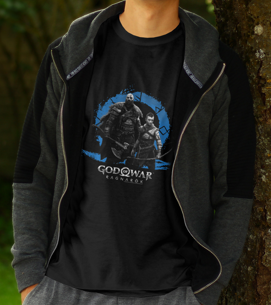 Kratos And Atreus In God Of War Ragnarok Symbolic Blue Circle T-Shirt