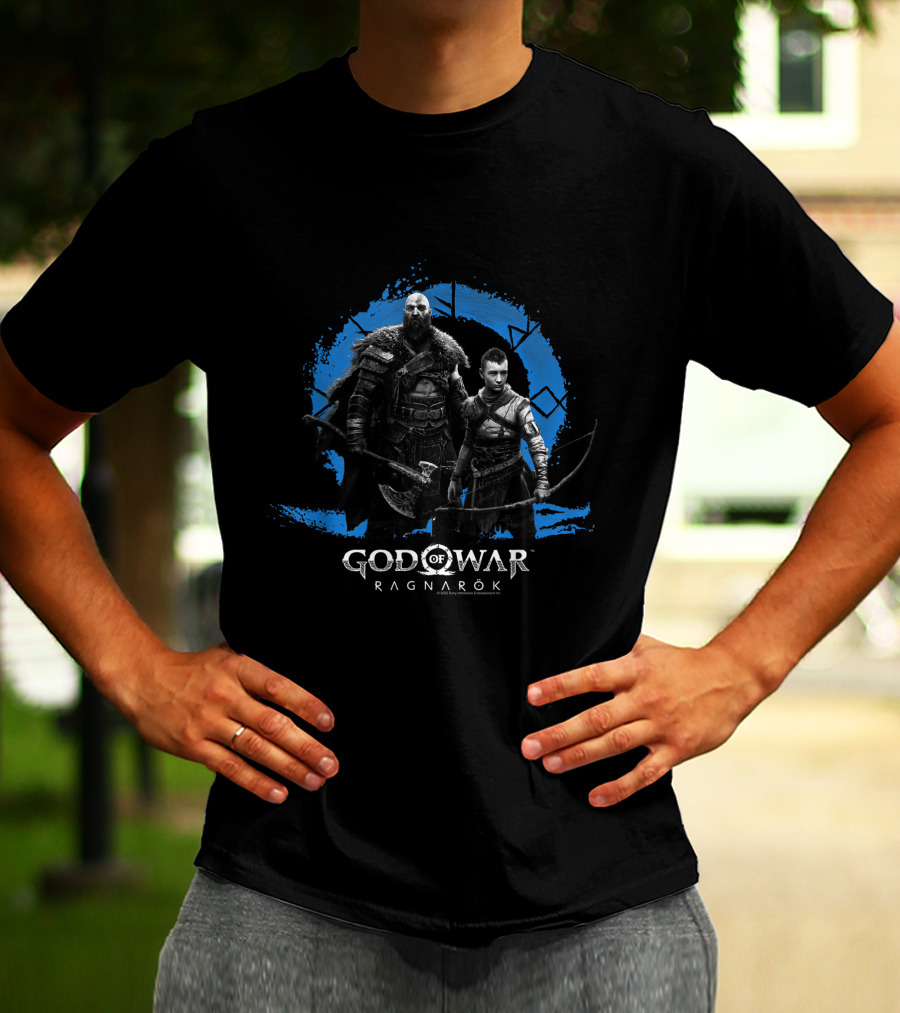 Kratos And Atreus In God Of War Ragnarok Symbolic Blue Circle T-Shirt