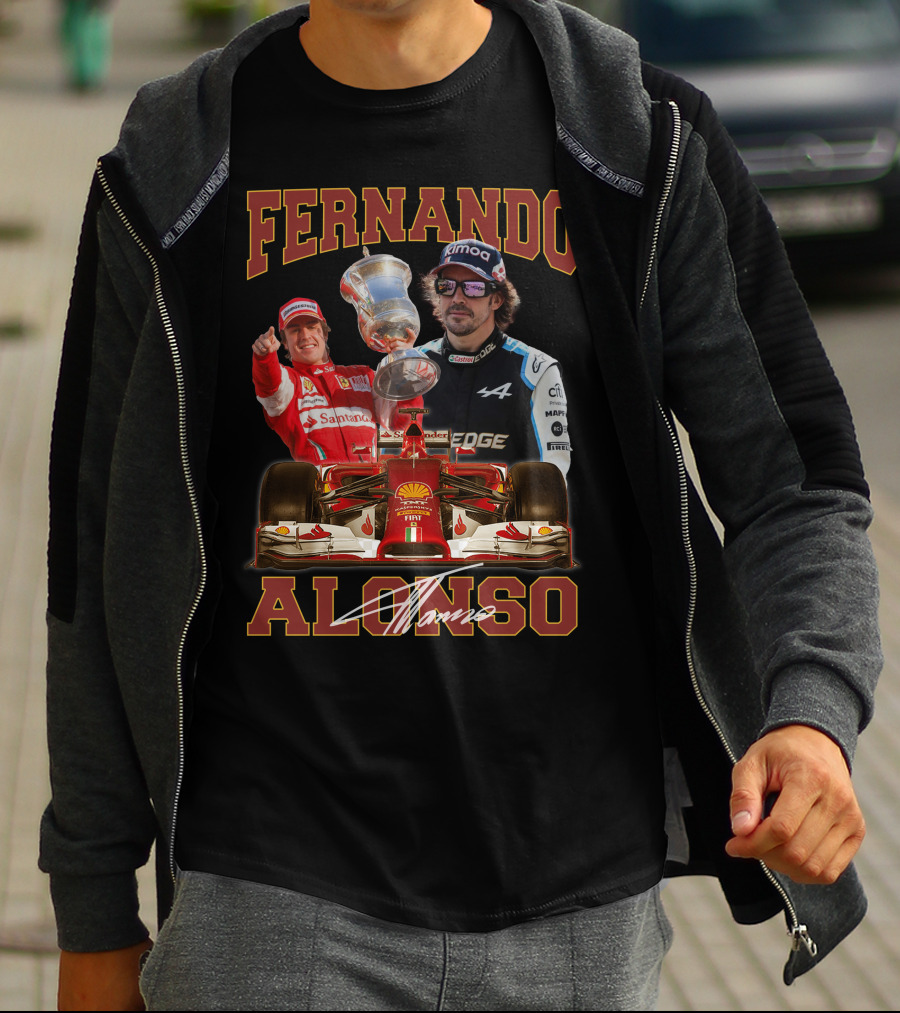 FERNANDO ALONSO F1 RACING LEGEND WITH TROPHY AND CARS T-Shirt
