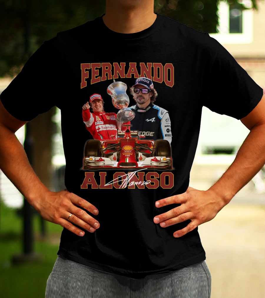 FERNANDO ALONSO F1 RACING LEGEND WITH TROPHY AND CARS T-Shirt