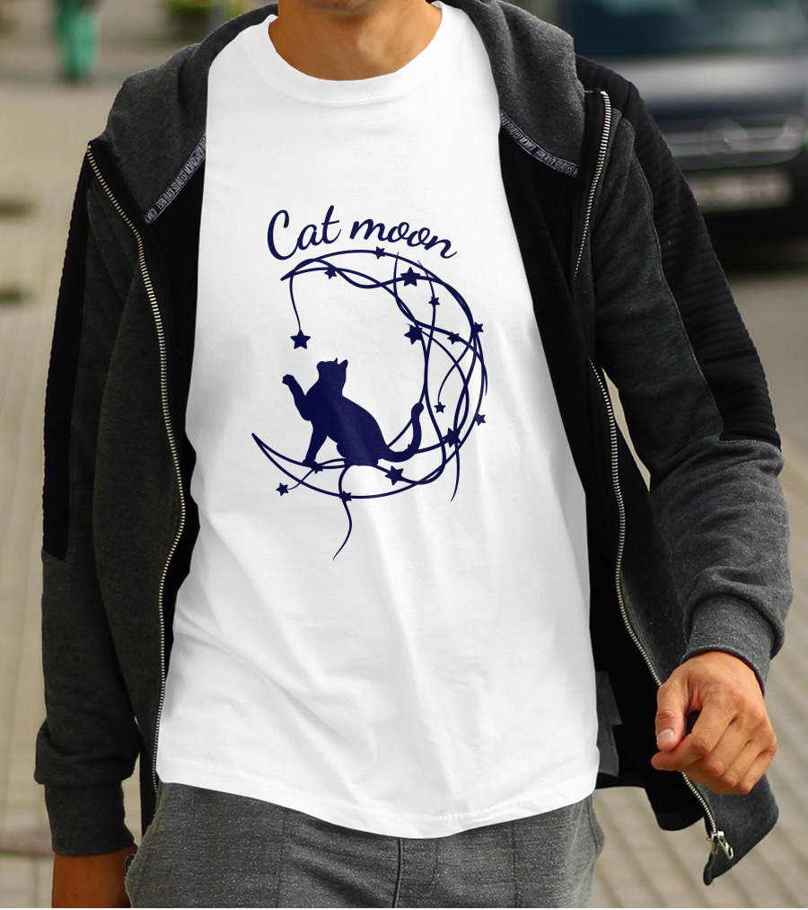 Cat Moon Silhouette With Stars And Vines T-Shirt