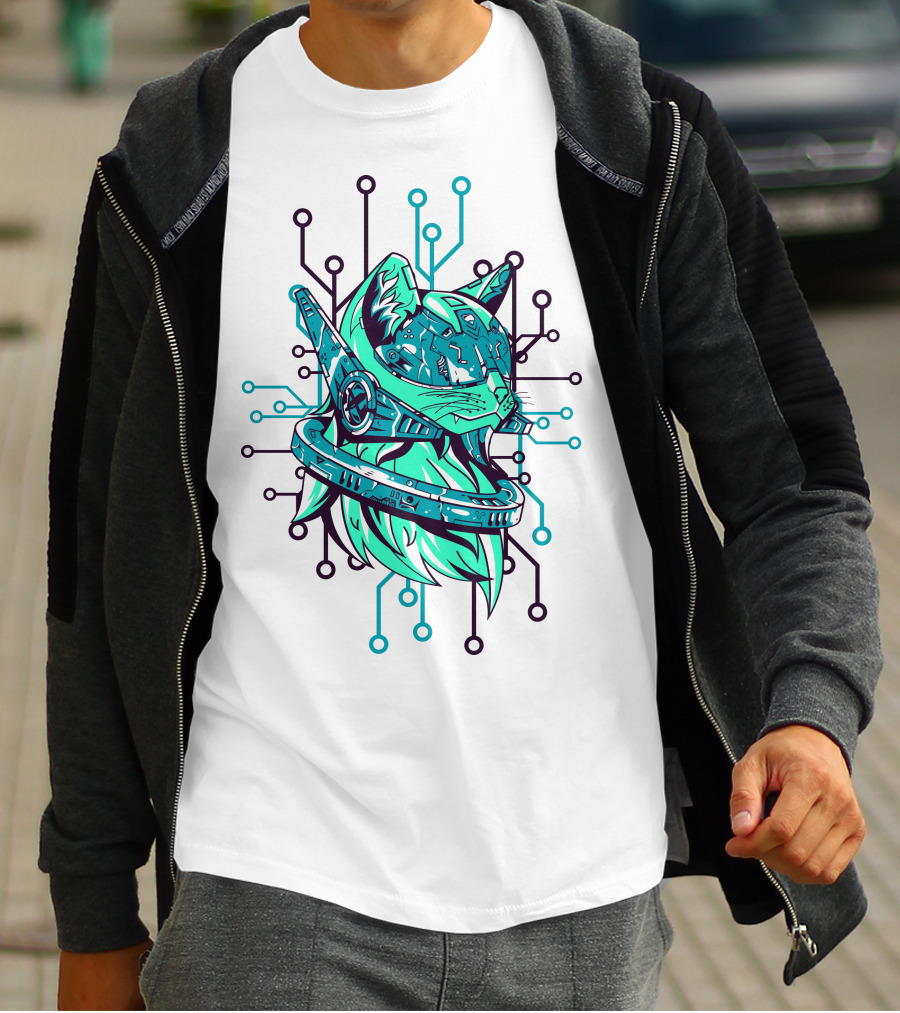 Futuristic Cybernetic Cat With Circuitry Elements T-Shirt