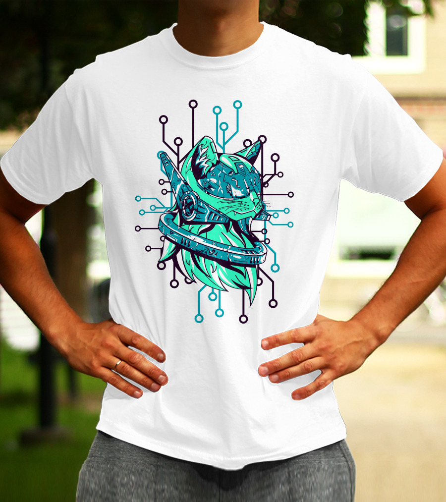 Futuristic Cybernetic Cat With Circuitry Elements T-Shirt
