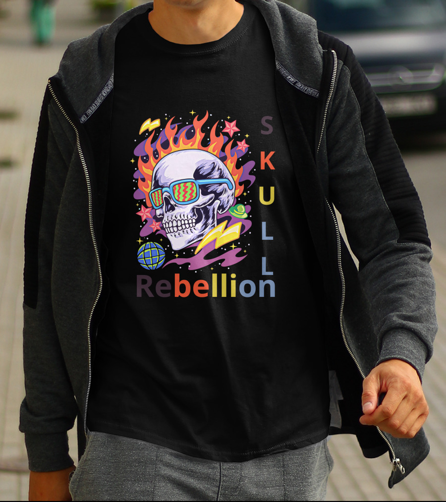 Rebellion Skull With Fiery Sunglasses And Cosmic Elements T-Shirt