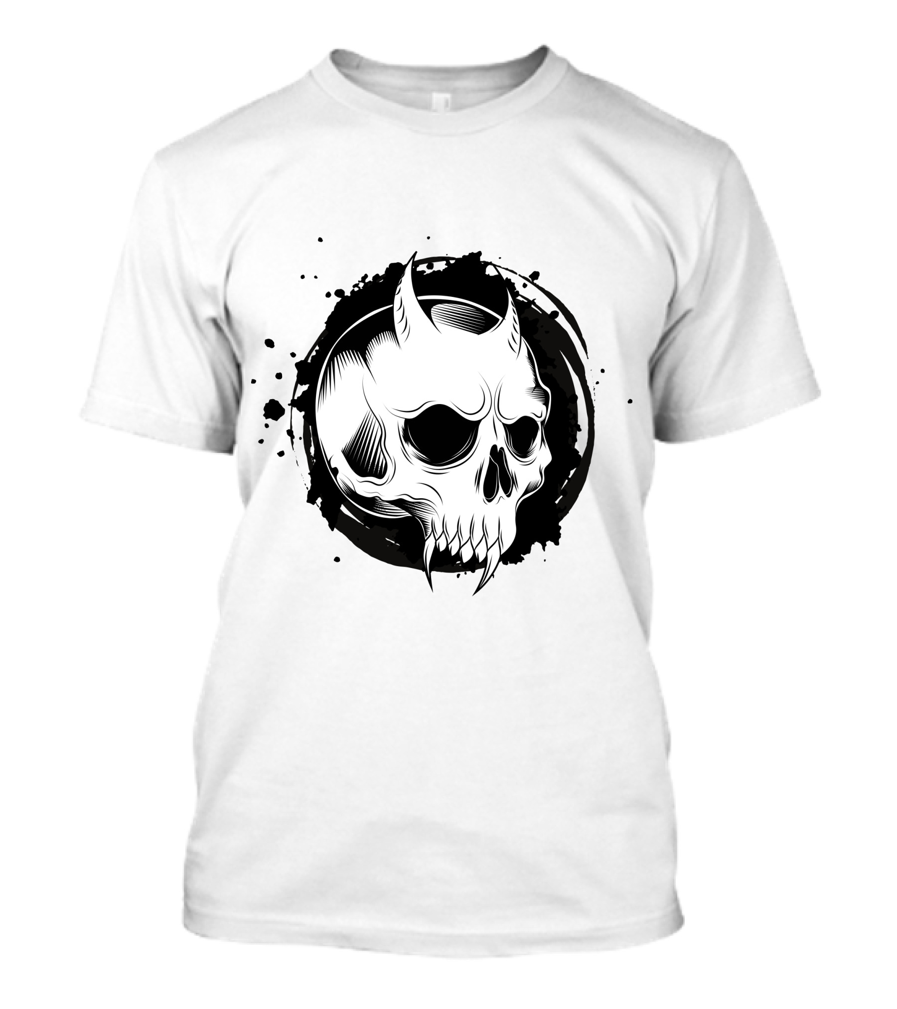 Demon Skull Horned Black Ink Splatter T-Shirt