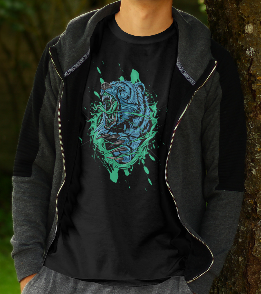 Angry Bear Roaring In Dynamic Teal And Black Paint Splash T-Shirt