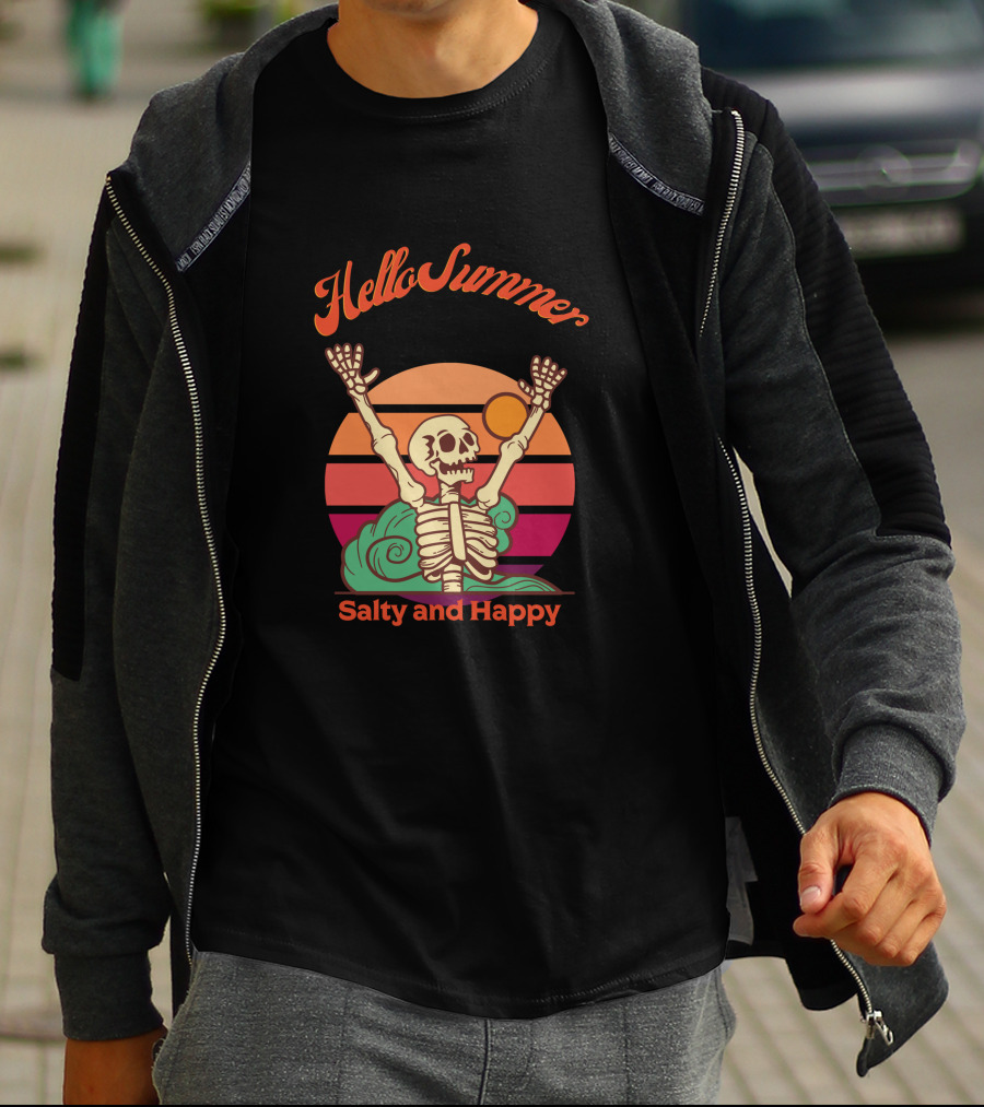 Hello Summer Salty And Happy Skeleton Sunset T-Shirt