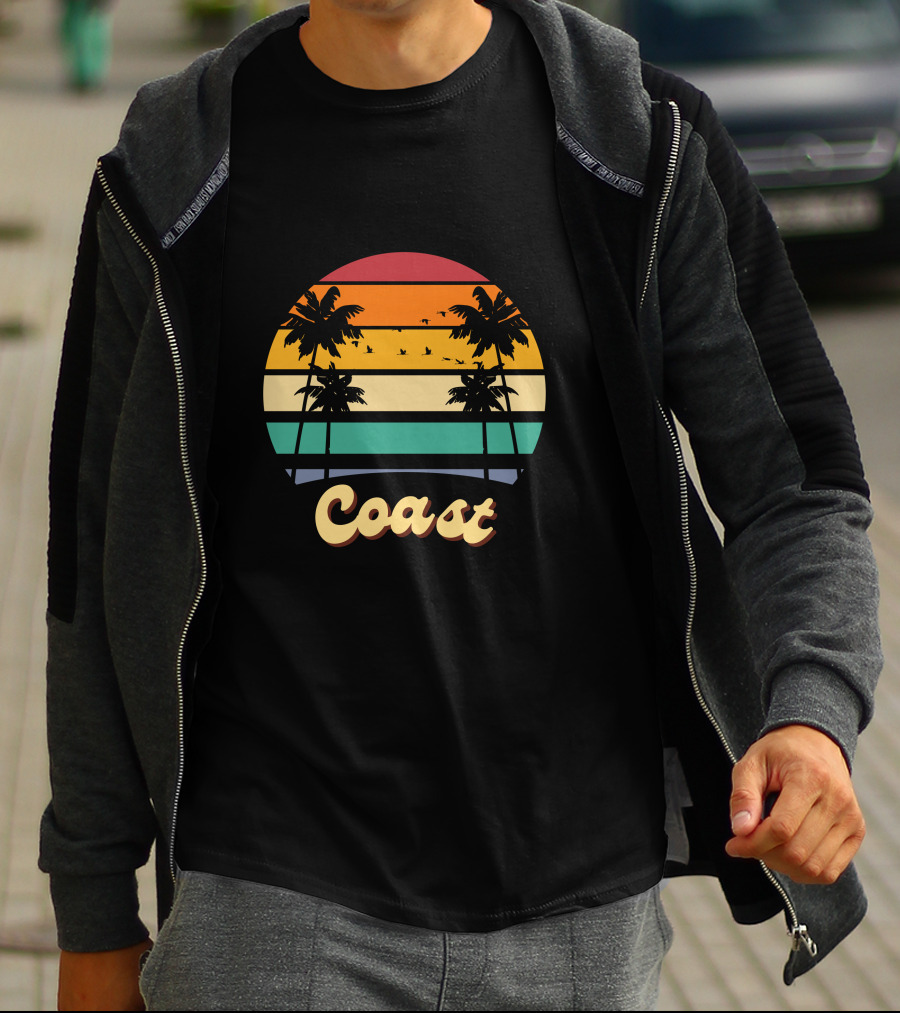 Coast Vintage Sunset Palm Trees Birds T-Shirt