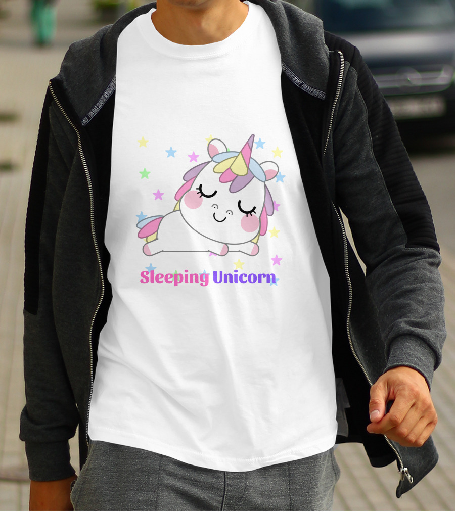 Sleeping Unicorn Rainbow Stars Cute Pastel Colors T-Shirt