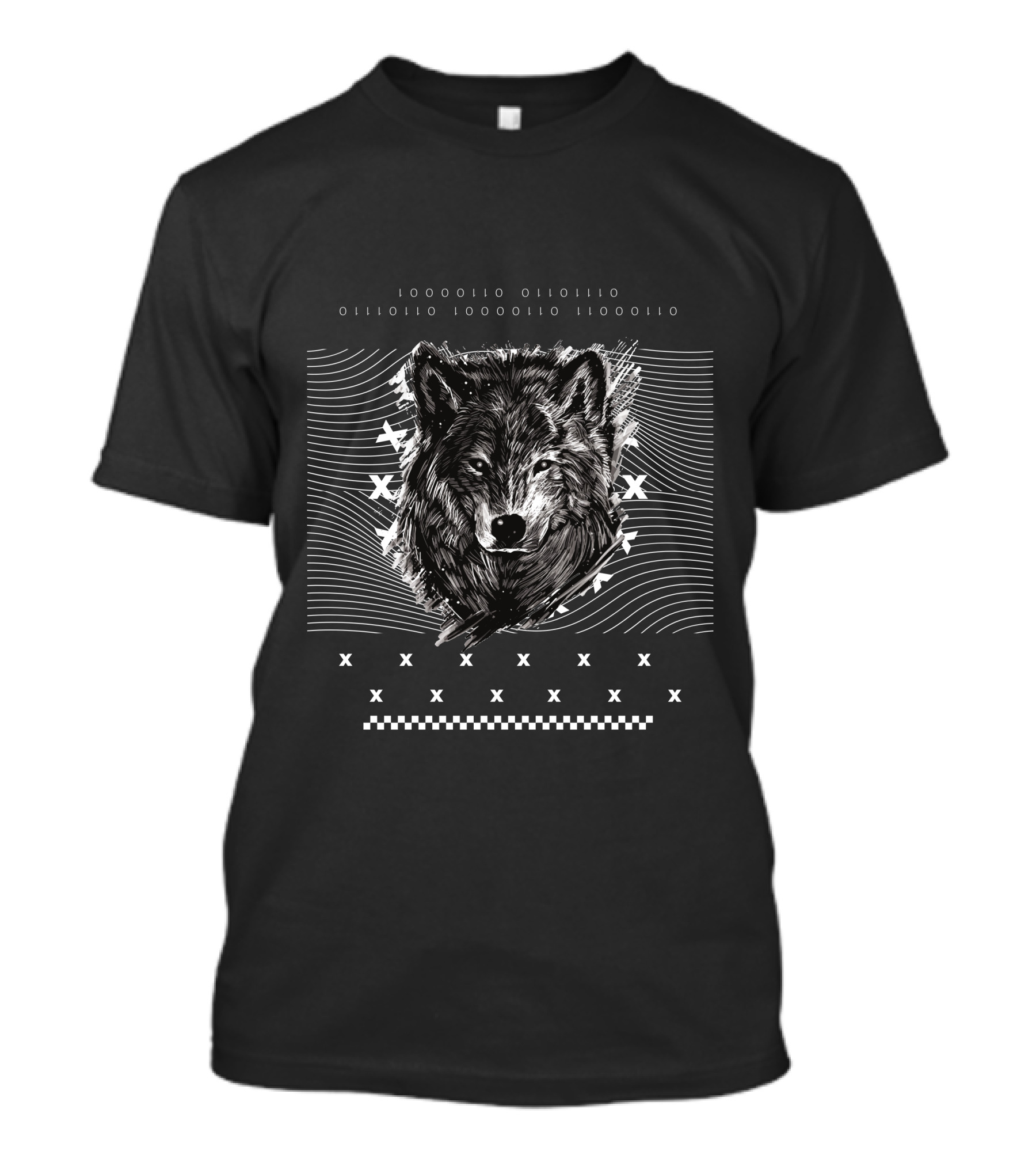 Hunter Wolf Head With Geometric Patterns And Waves T-Shirt