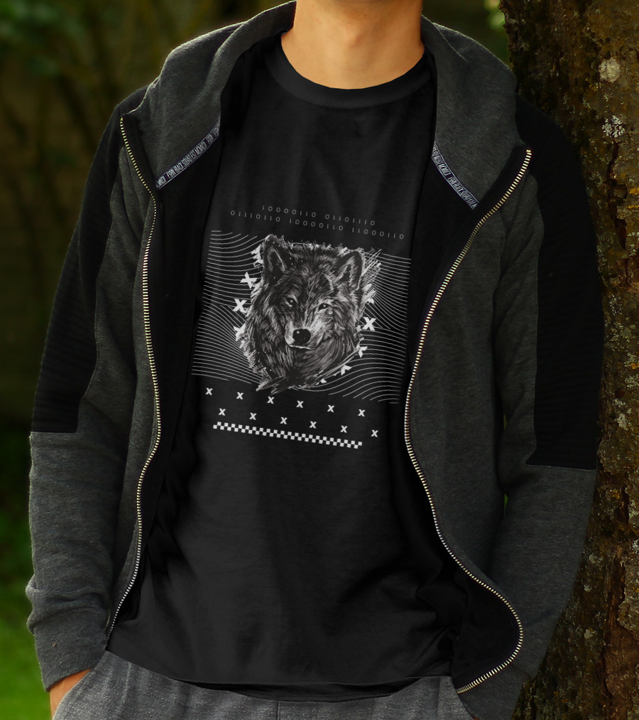 Hunter Wolf Head With Geometric Patterns And Waves T-Shirt