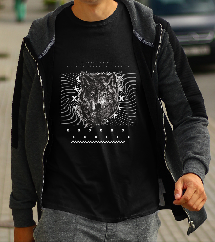 Hunter Wolf Head With Geometric Patterns And Waves T-Shirt