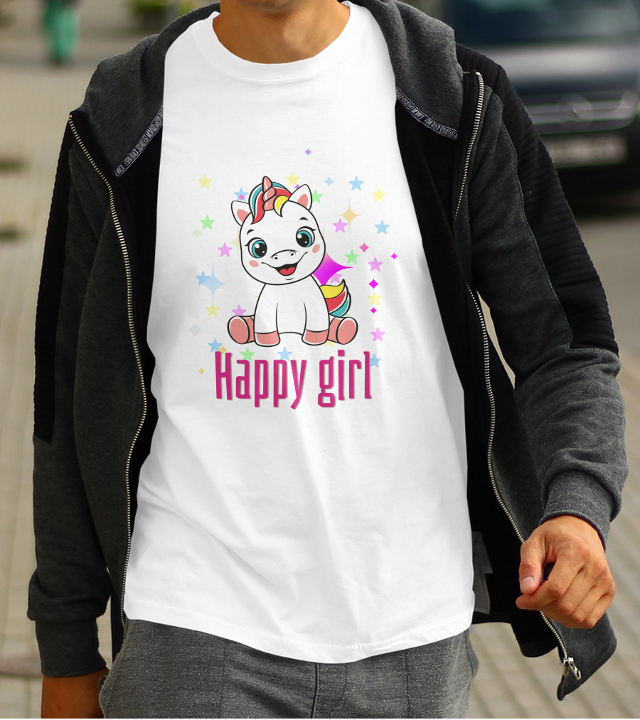 Happy Girl Colorful Unicorn Surrounded By Stars T-Shirt