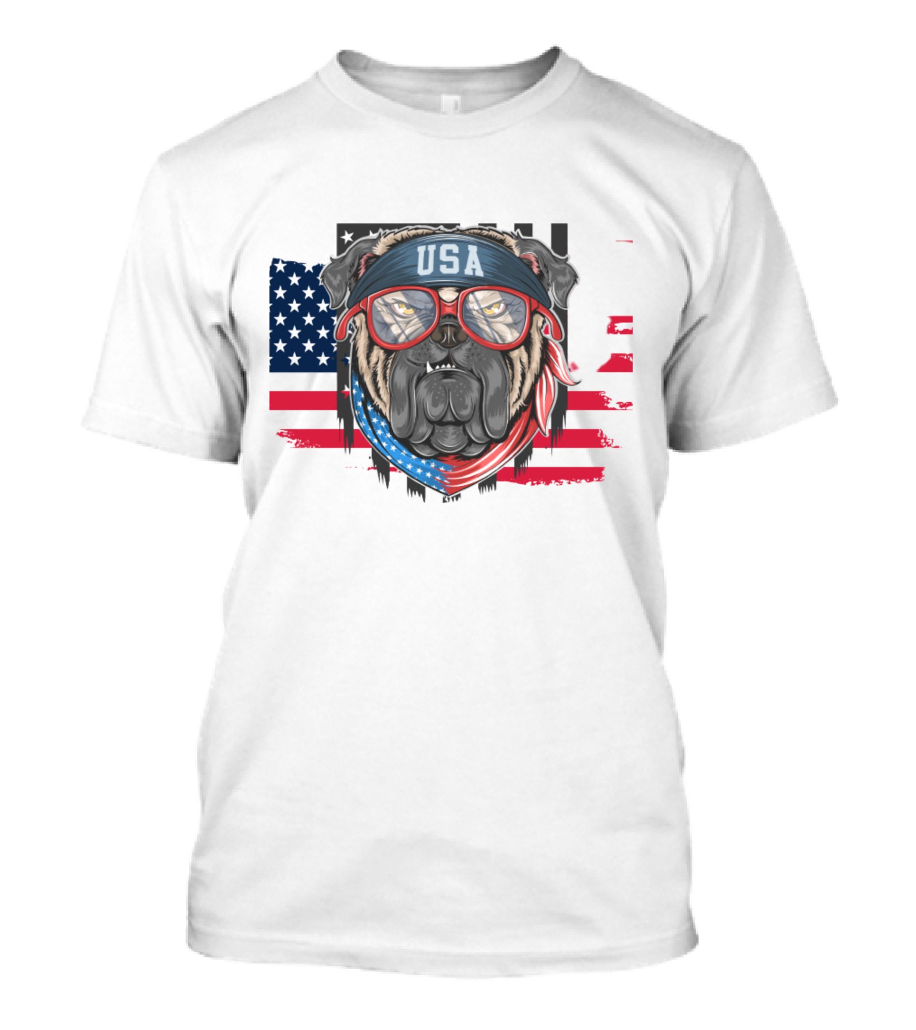 USA Bandana Glasses American Bulldog With Flag Background T-Shirt