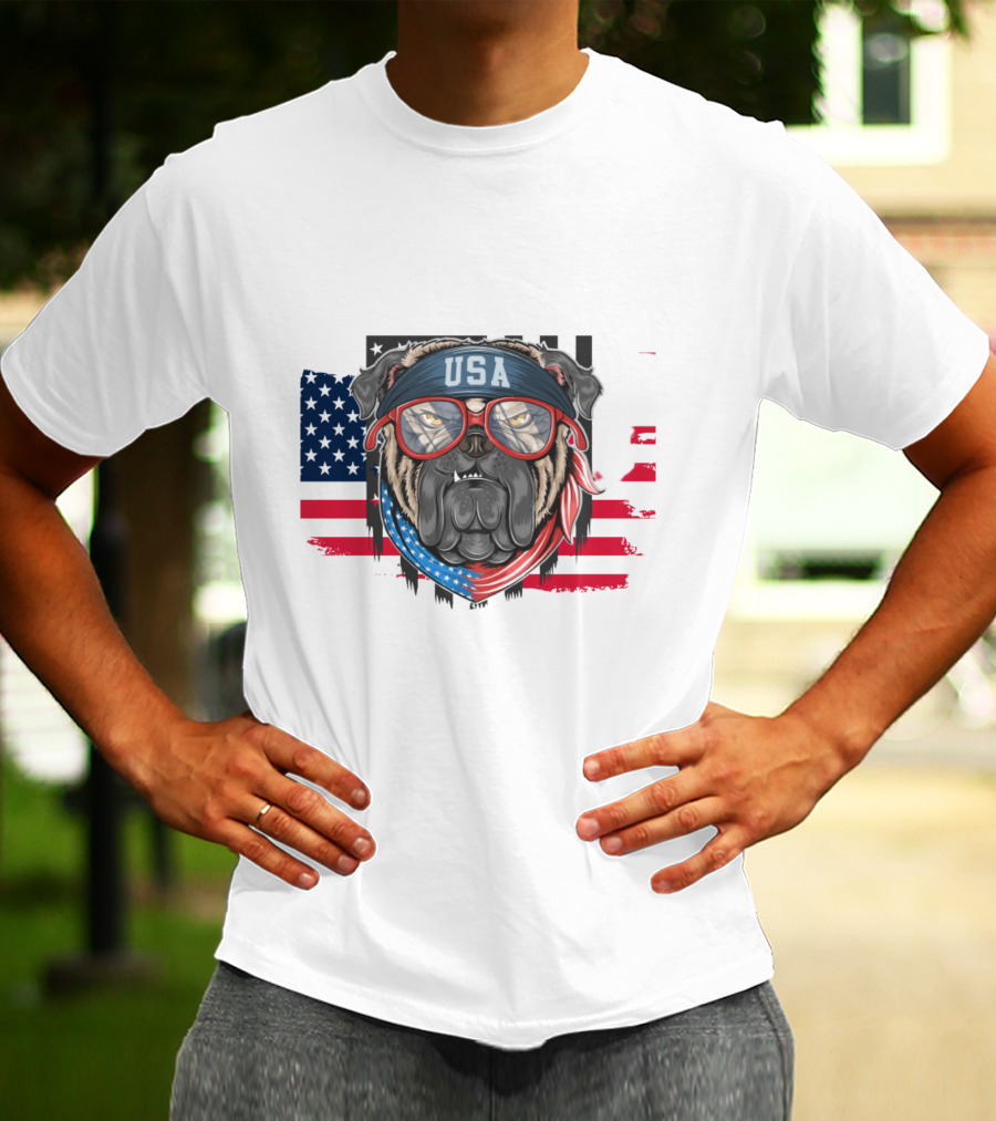 USA Bandana Glasses American Bulldog With Flag Background T-Shirt