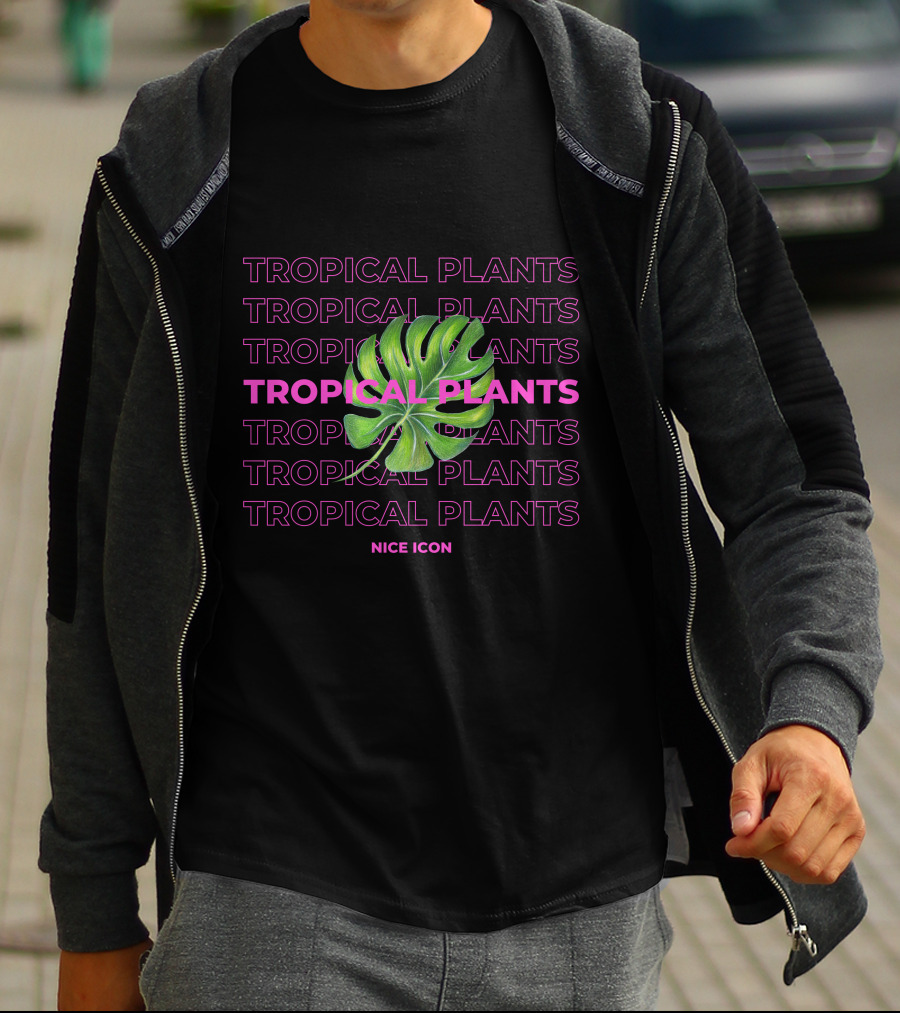 Tropical Plants Nice Icon Monstera Leaf Repeated Text T-Shirt