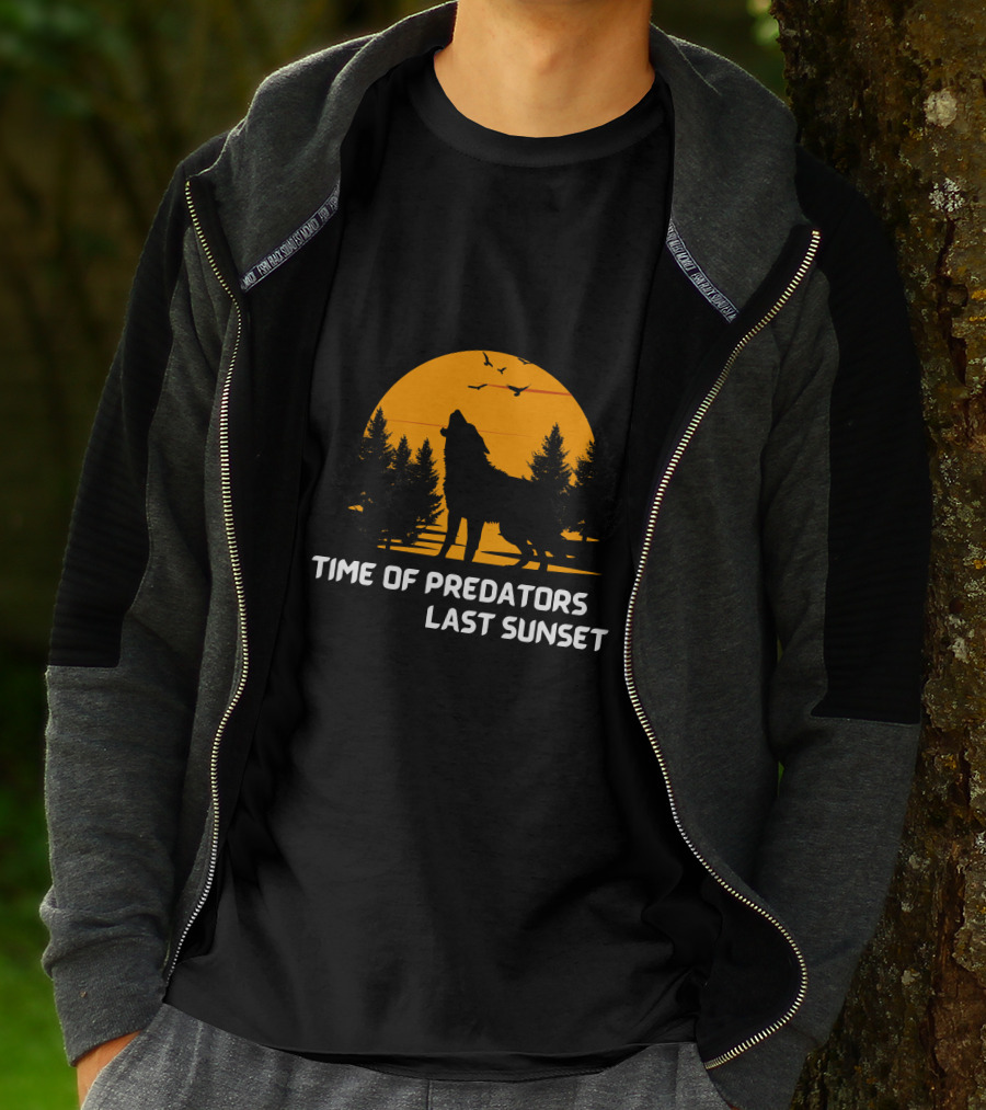 Time Of Predators Last Sunset Wolf Silhouette Against Orange Sky With Trees And Birds T-Shirt