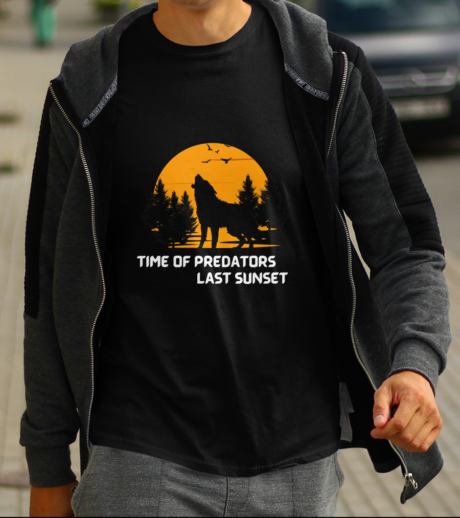 Time Of Predators Last Sunset Wolf Silhouette Against Orange Sky With Trees And Birds T-Shirt