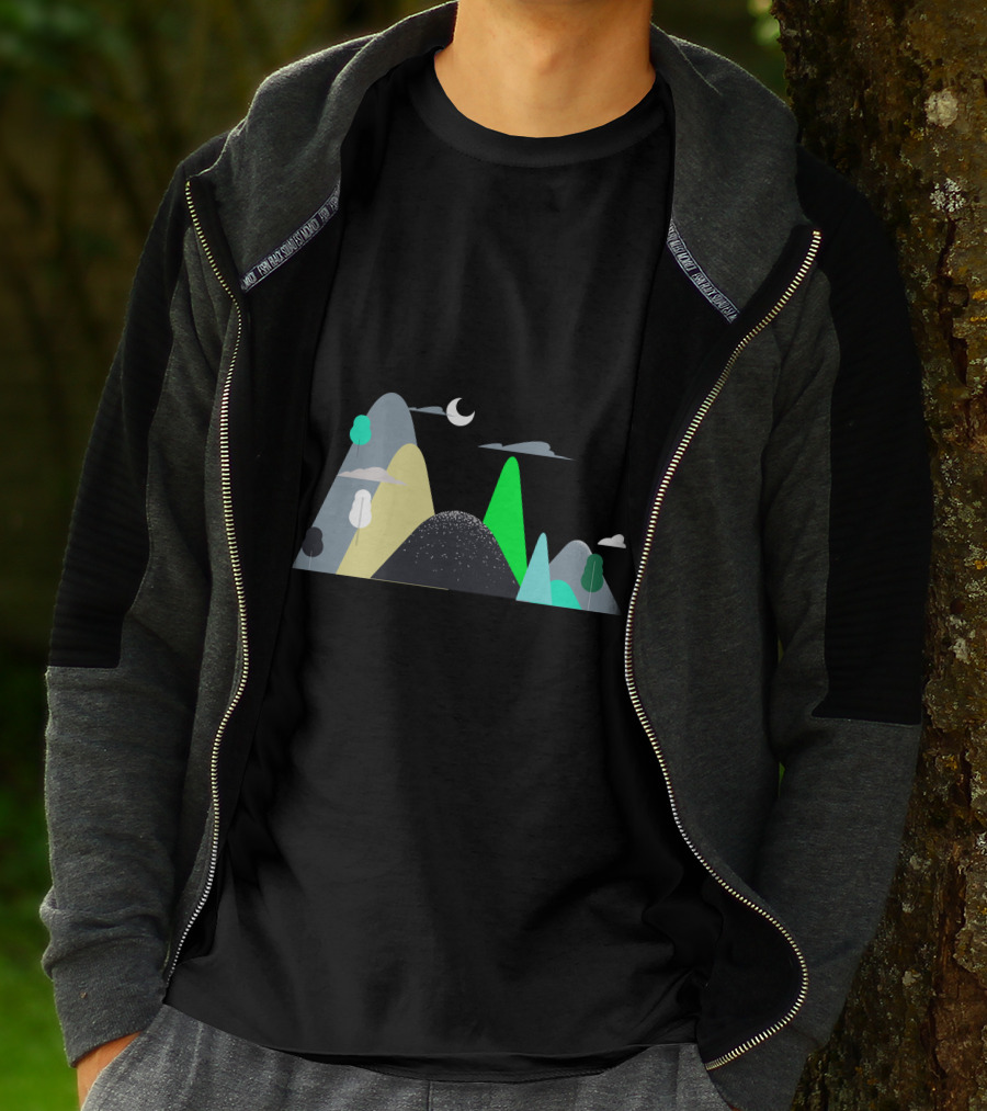 Mountains Moon Night Scene With Trees And Clouds T-Shirt