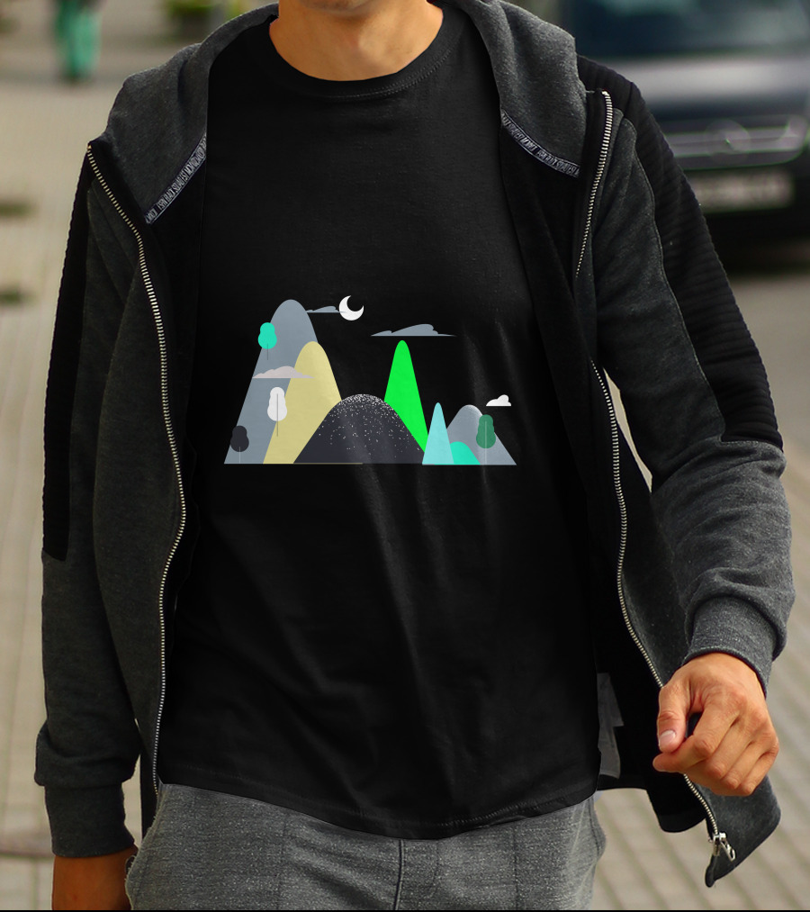 Mountains Moon Night Scene With Trees And Clouds T-Shirt