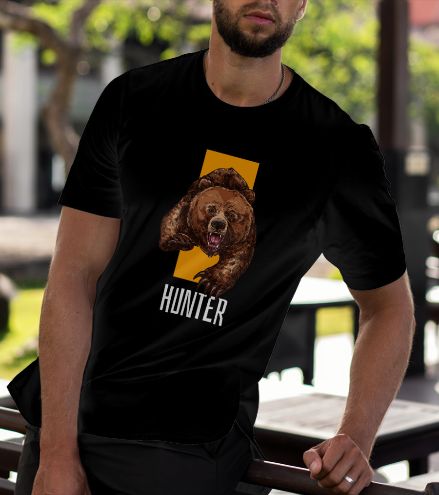 Hunter Bear With Aggressive Roar On Vertical Yellow Stripe T-Shirt