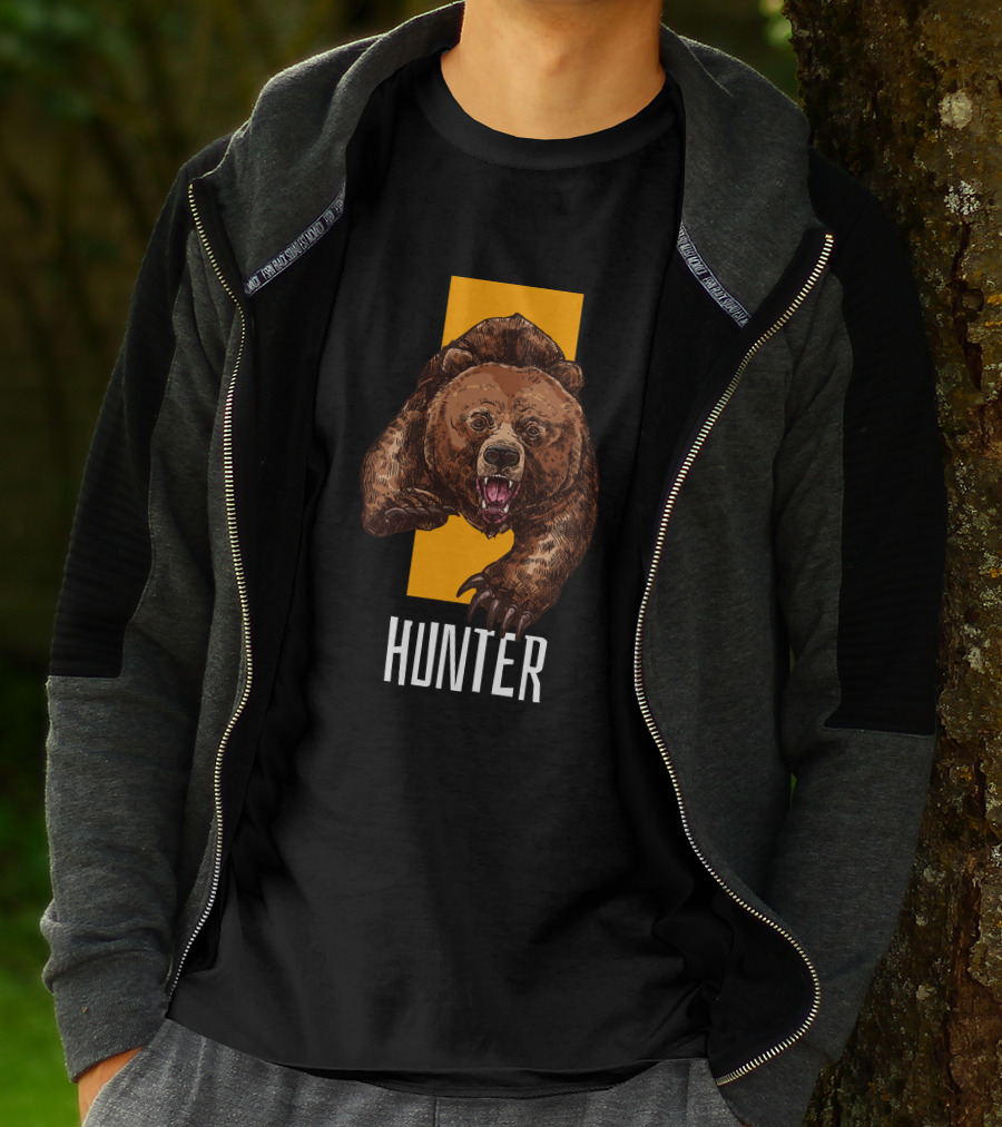Hunter Bear With Aggressive Roar On Vertical Yellow Stripe T-Shirt