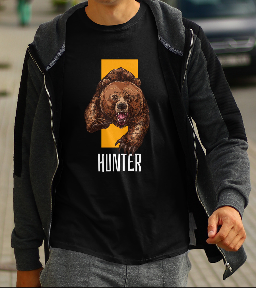 Hunter Bear With Aggressive Roar On Vertical Yellow Stripe T-Shirt