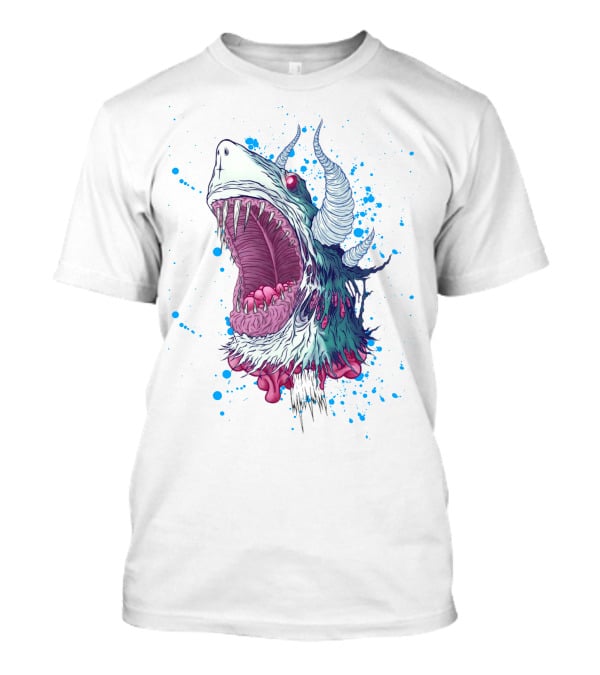 Monster Shark Scream With Horns And Splatter T-Shirt