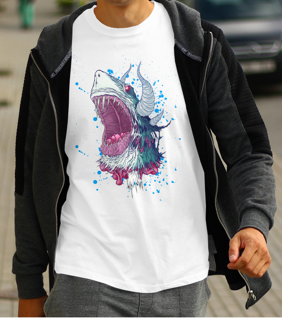 Monster Shark Scream With Horns And Splatter T-Shirt