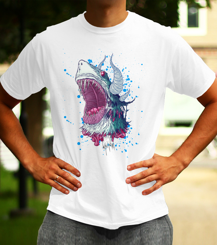 Monster Shark Scream With Horns And Splatter T-Shirt