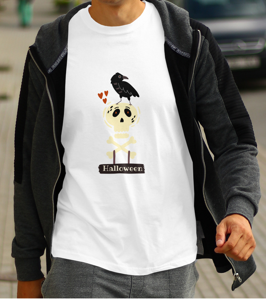 Halloween Skeleton Skull With Raven And Hearts T-Shirt