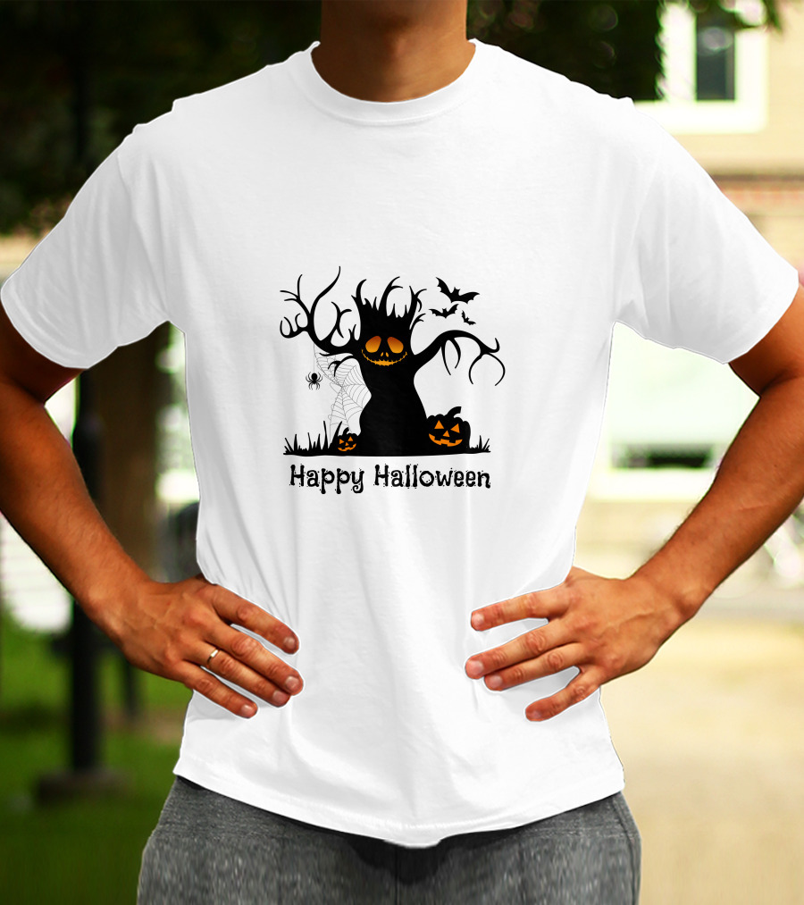 Happy Halloween Tree With Pumpkins, Bats, And Spiderweb T-Shirt