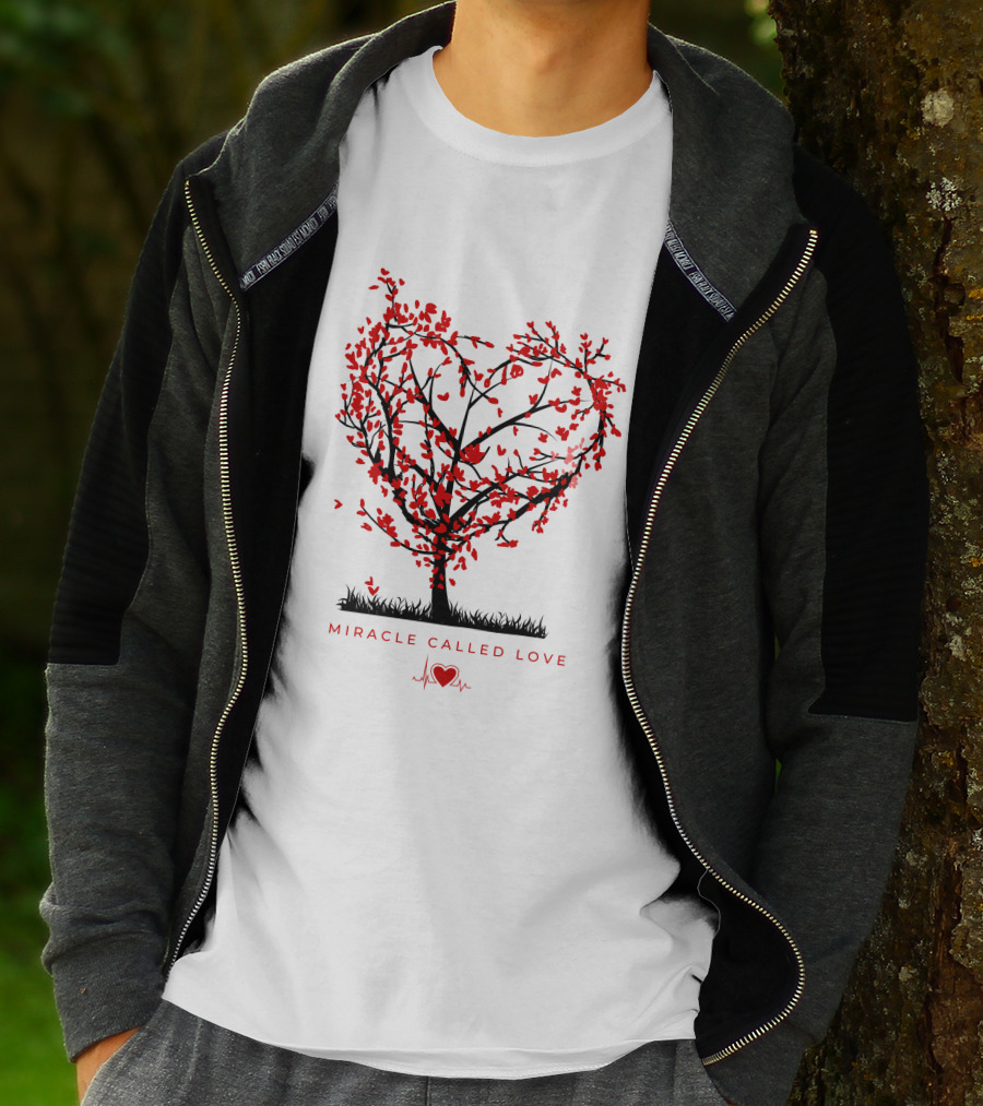 Miracle Called Love Heart-Shaped Tree With Red Leaves And Heartbeat T-Shirt